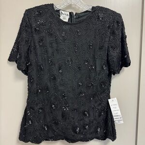NWT Vintage Patra Petites 100% Silk Beaded Sequined Evening Top Black 80’s Sz MP